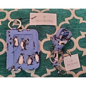 VERA BRADLEY Playful Penguins SET Campus Double Id WALLET Keychain & LANYARD NEW